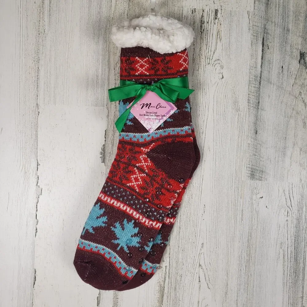 NWT Sherpa Lined Knit Winter Snowflake Leaf Design No-Slip Slipper Socks